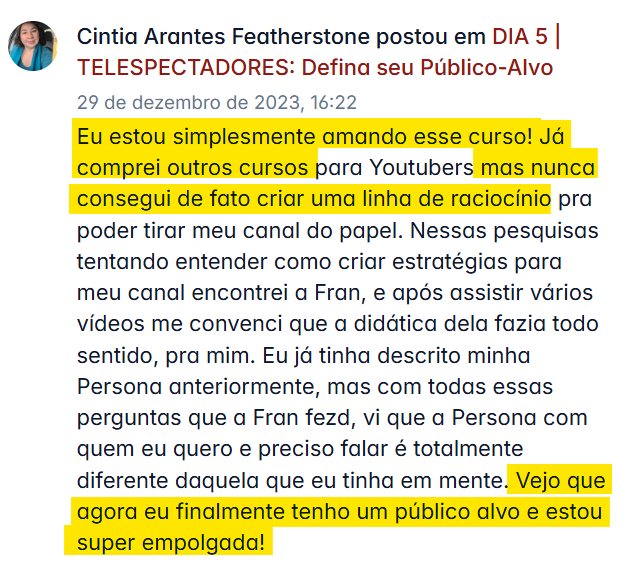 Depoimento da Cintia sobre o Desafio 15D
